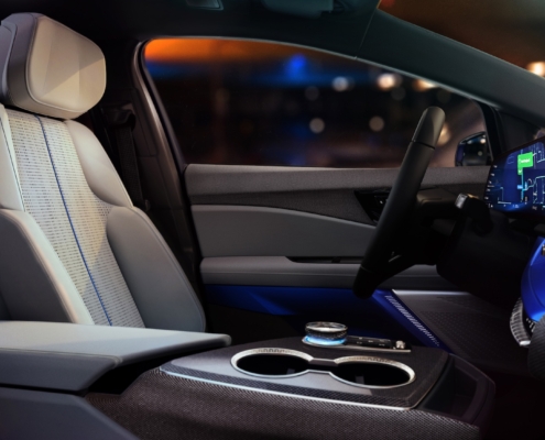 View of driver’s seat in 2025 Cadillac OPTIQ with Sky Cool Gray interior.